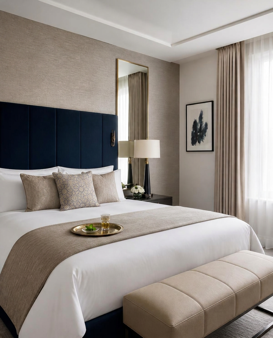 Chambre aux standards hôteliers, linge blanc et tête de lit bleu marine