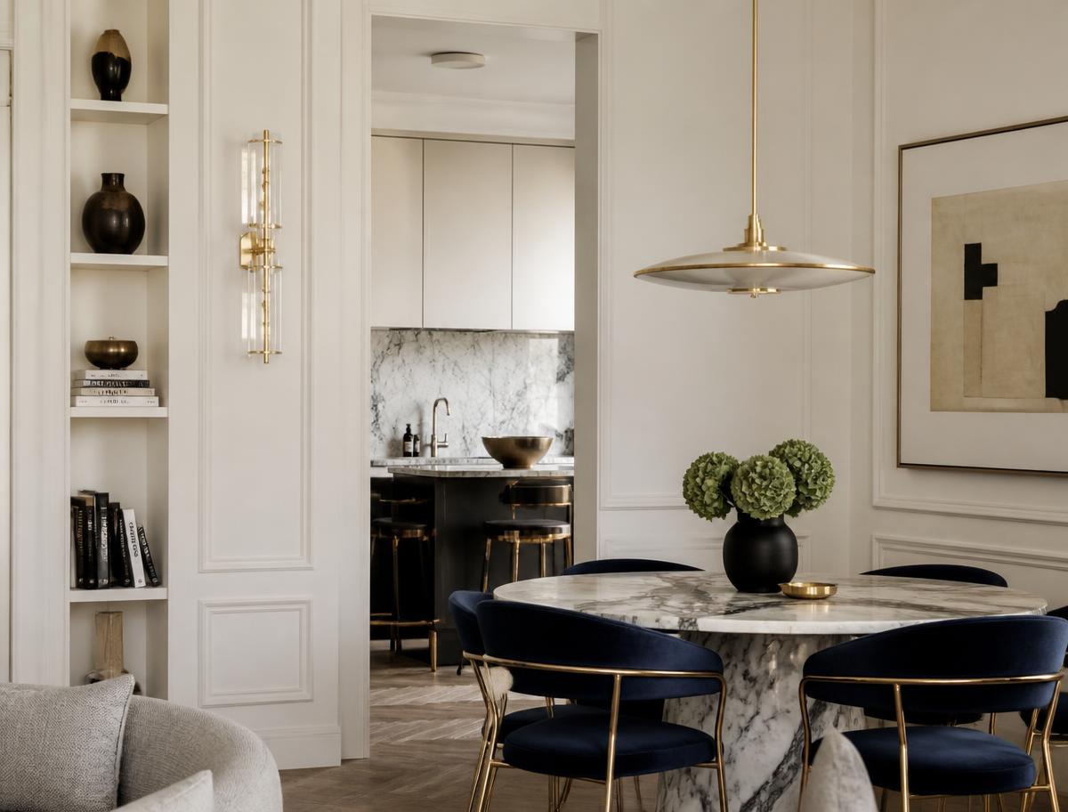 Intérieur d'appartement élégant, table en marbre et détails laiton
